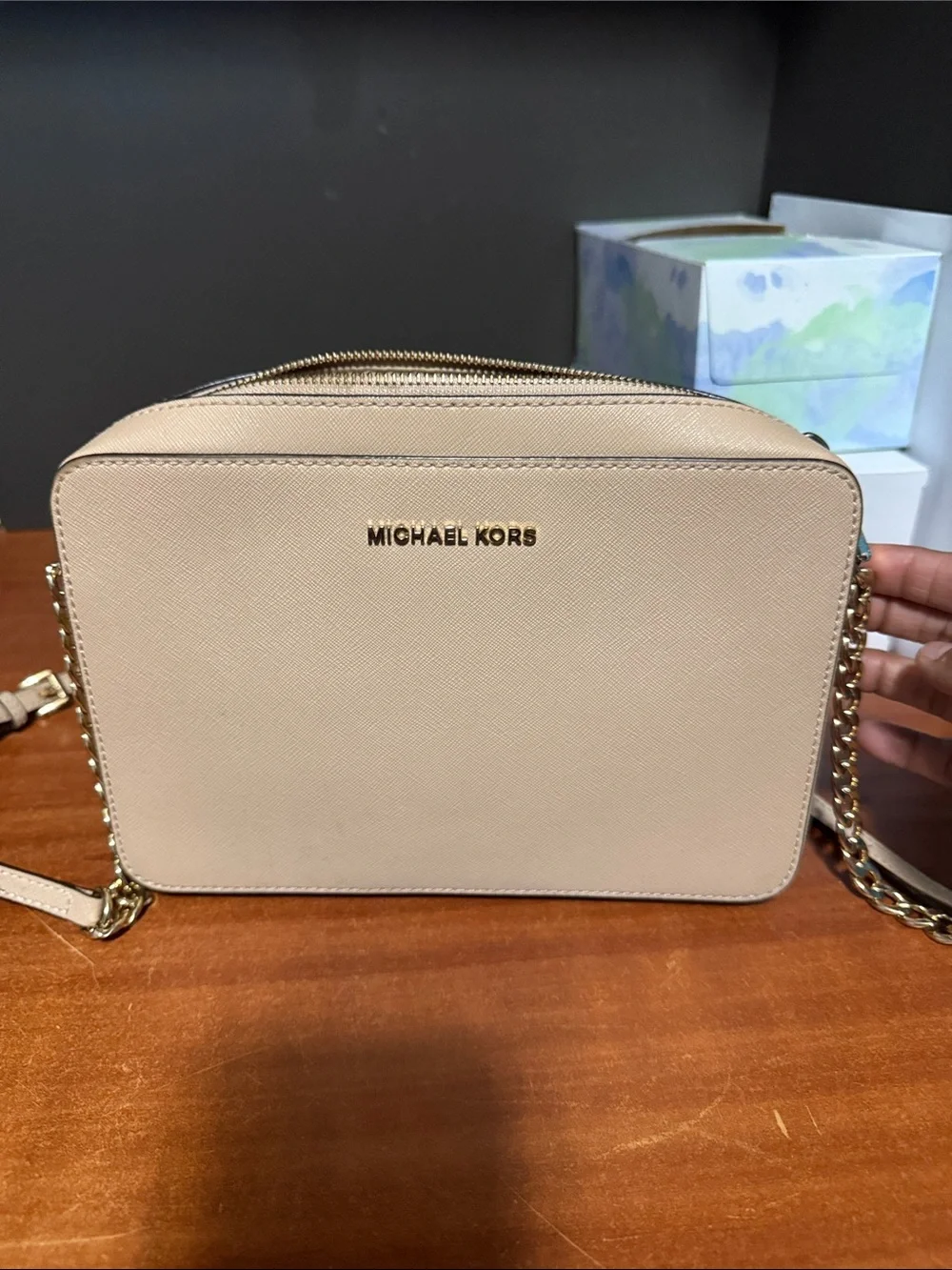 Michael Kors Beige Crossbody Camera Bag with Gold Hardware